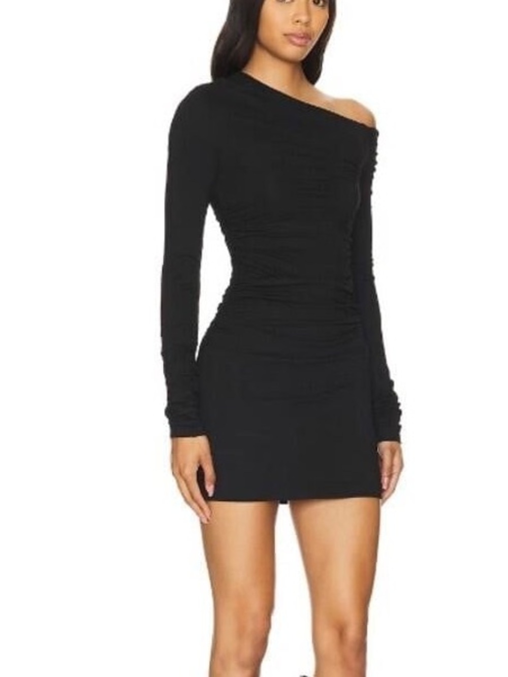 REVOLVE One-Shoulder Black Ruched Long-Sleeve Mini Dress